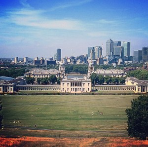Royal Palace at Greenwich with Canary Wharf in the background